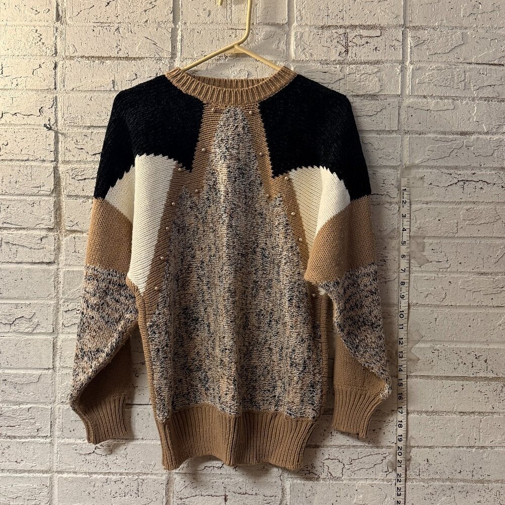 ✨ Duet Vintage 80s Colorblock Knit Sweater w/ Pearl Embellishments – Size M ✨
